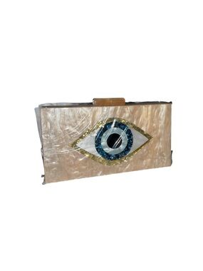 CHAMPAGNE EVIL EYE PEARL ACRYLIC CLUTCH WITH BLUE JEWEL ACCENT